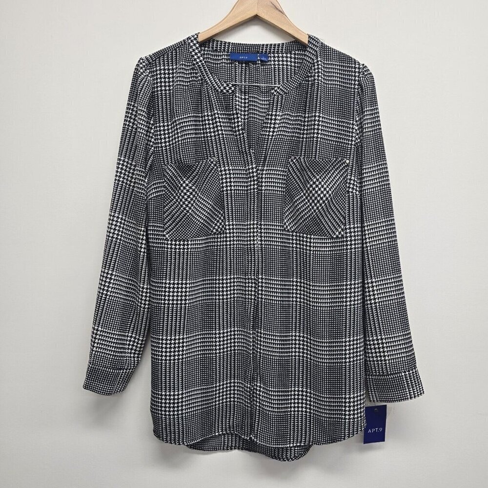 NEW Apt 9 Hidden Button Up Blouse Women's Size Large Black White Houndstooth